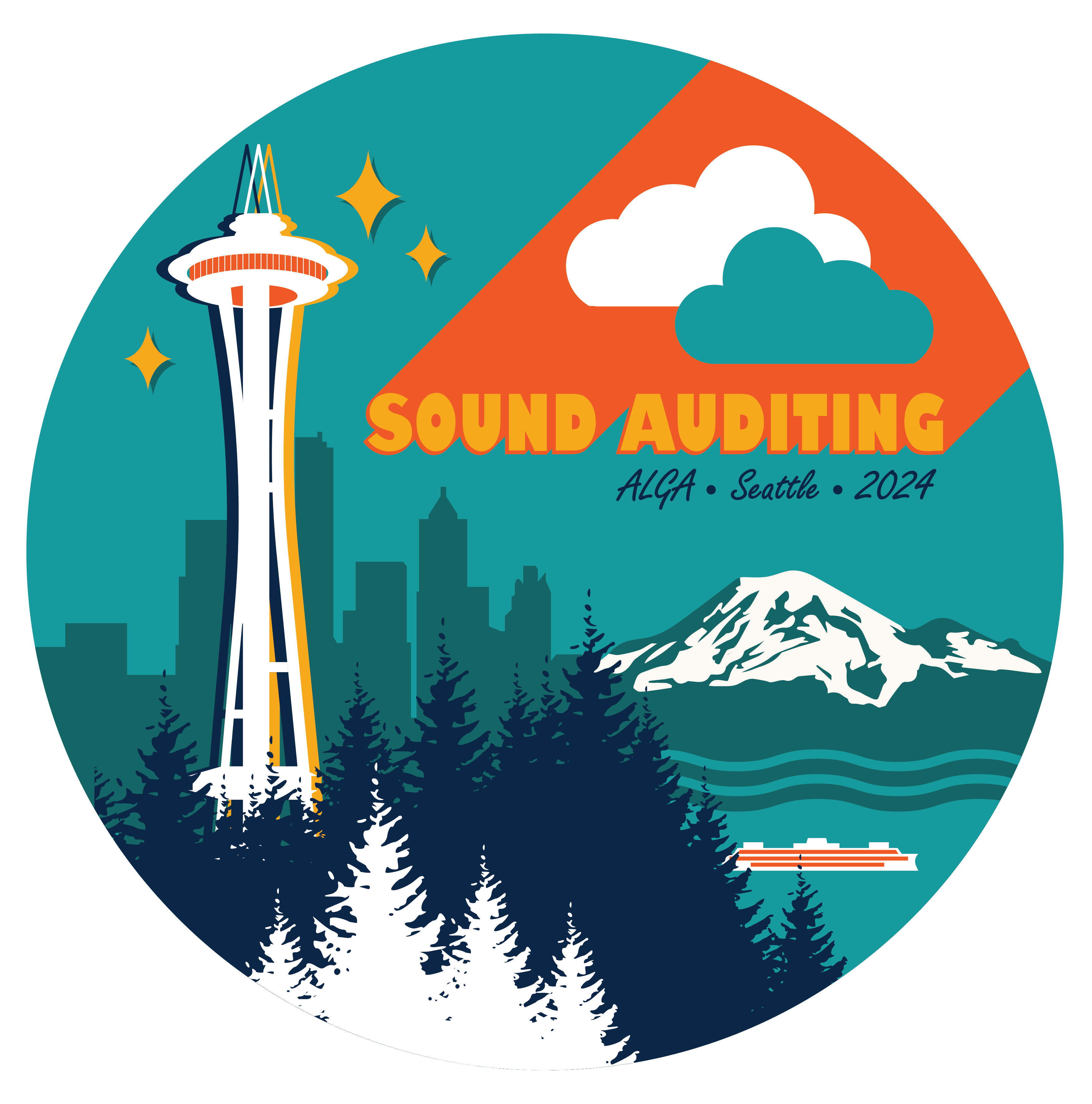 Logo for ALGA 2024 annual conference. It features the Space Needle, Seattle skyline, forests, Mount Tahoma, and a Puget Sound ferry. In the sky are clouds and the words 